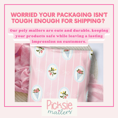 cute designer polymailers for boutique and small business shipping.  Pink with sketch style bouquets and strawberries.