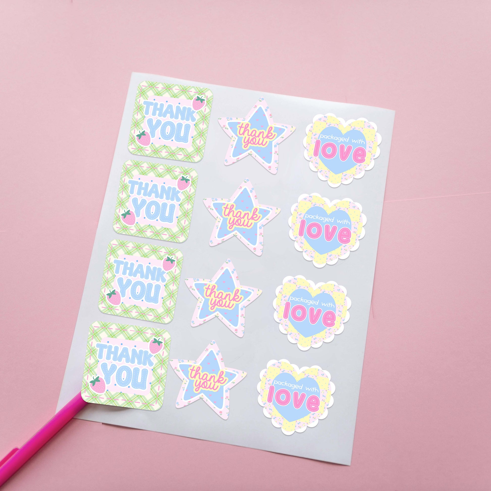 cute customer thank you packaging stickers in pastel patchwork design with plaids, stars, hearts, and florals